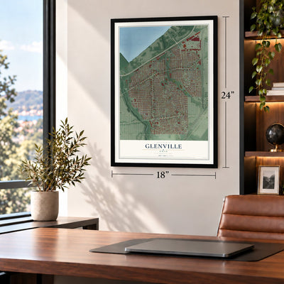 Glenville, Ohio map, 18 x 24 inch print in a black frame in a home office
