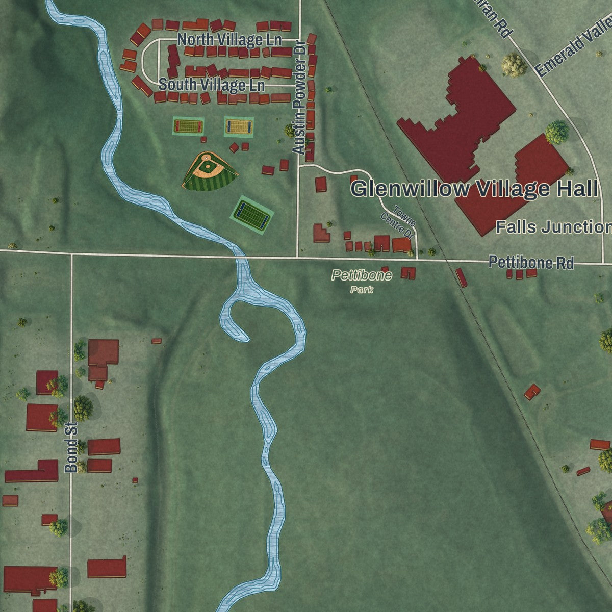Close-up of the map of Glenwillow, Ohio print showing street and building detail