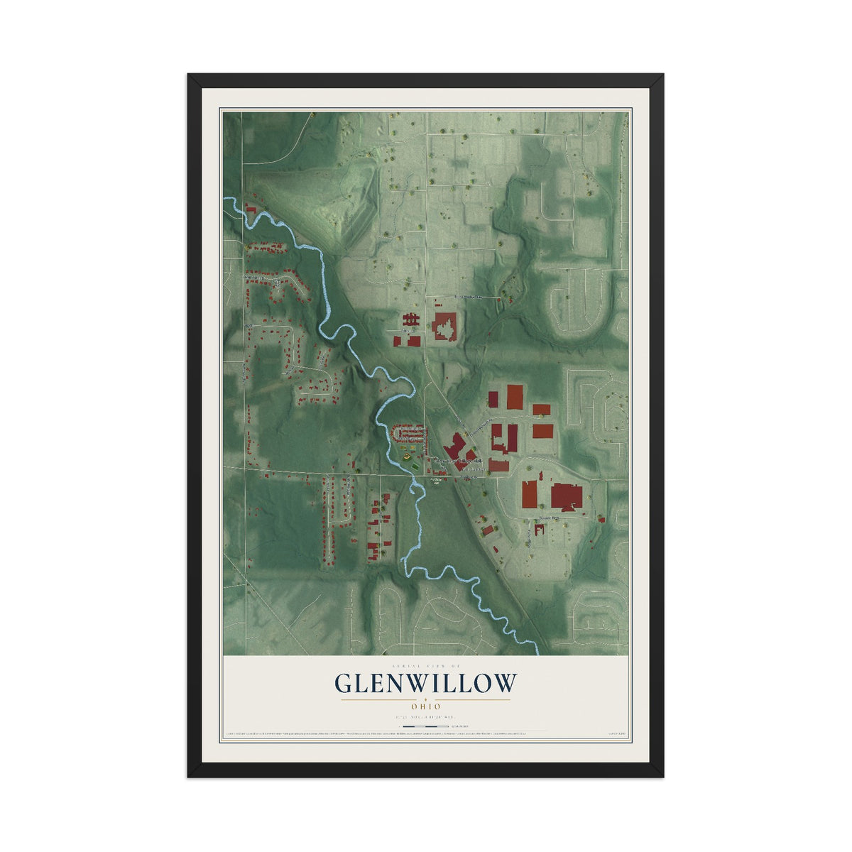 Map of Glenwillow, Ohio, 12 x 18 inch print in a black wood frame