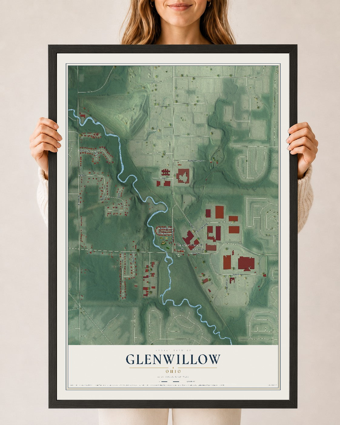 Map of Glenwillow, Ohio, 24 x 36 inch print in a black wood frame