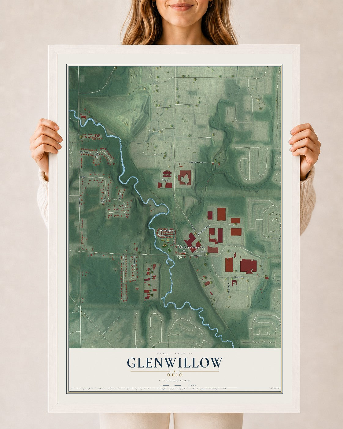 Map of Glenwillow, Ohio, 24 x 36 inch print in a white wood frame