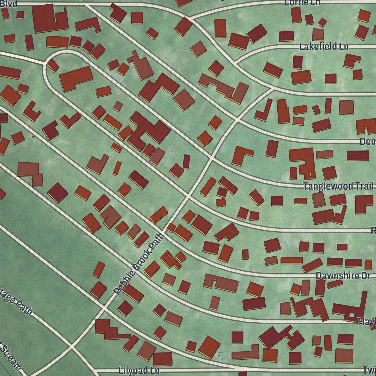 Close-up of the map of Gloria Glens Park, Ohio print showing street and building detail