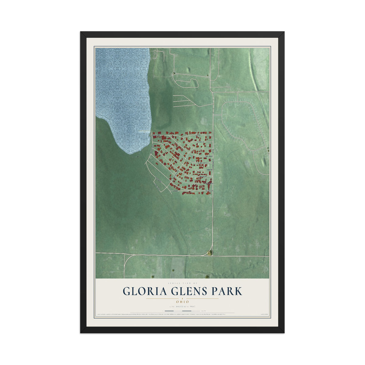 Map of Gloria Glens Park, Ohio, 12 x 18 inch print in a black wood frame