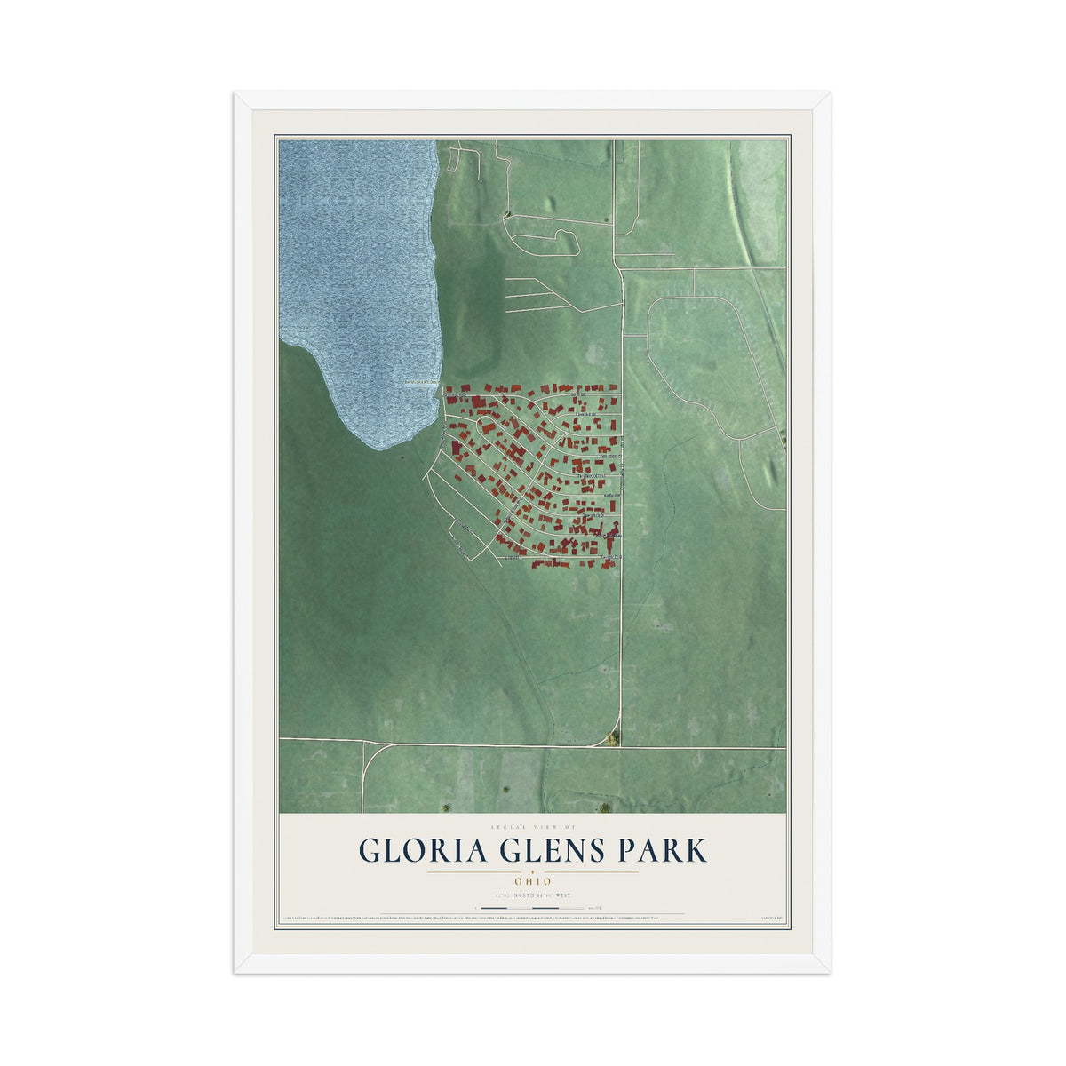 Map of Gloria Glens Park, Ohio, 12 x 18 inch print in a white wood frame