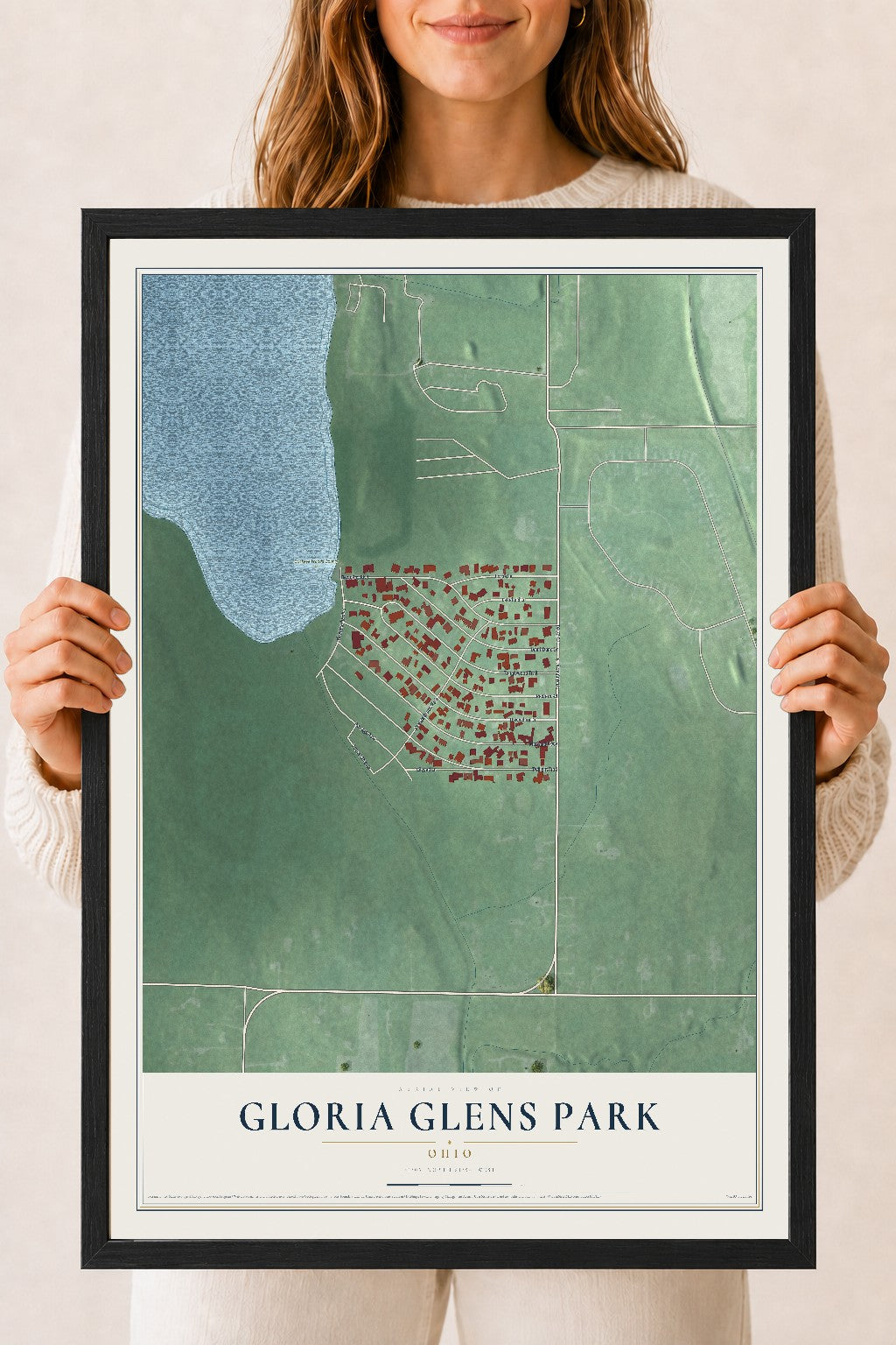Map of Gloria Glens Park, Ohio, 18 x 24 inch print in a black wood frame