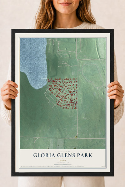 Map of Gloria Glens Park, Ohio, 18 x 24 inch print in a black wood frame