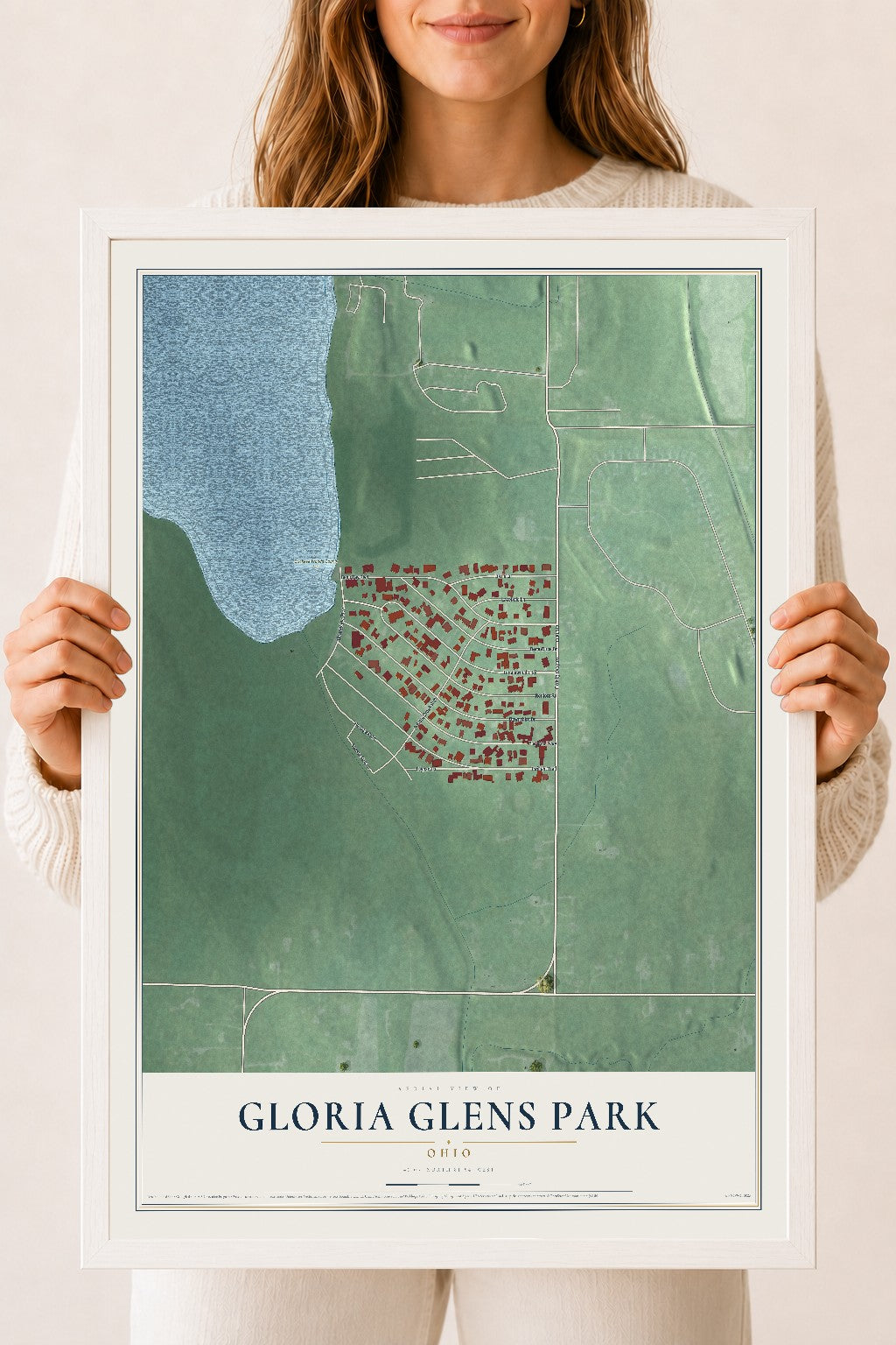Map of Gloria Glens Park, Ohio, 18 x 24 inch print in a white wood frame