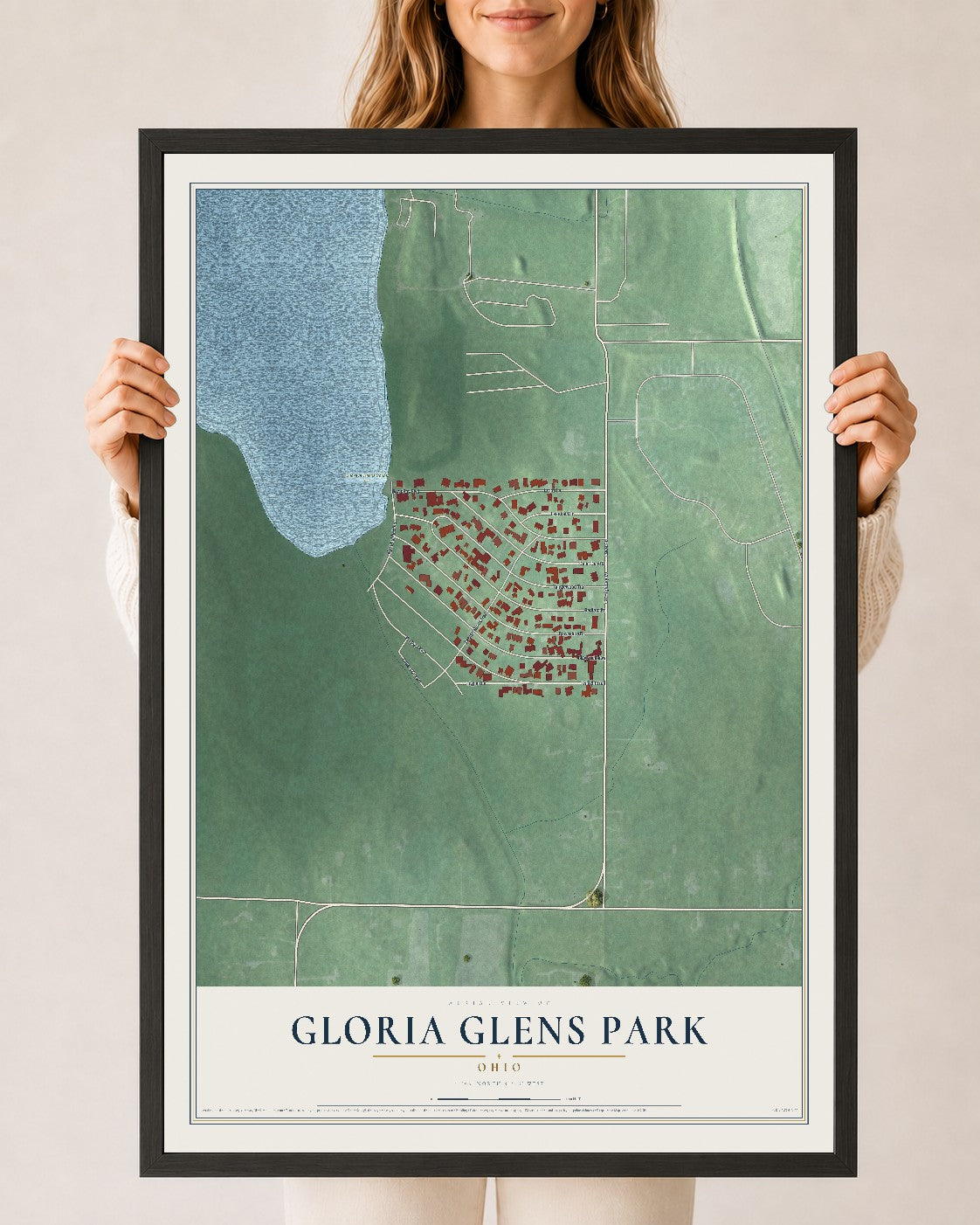Map of Gloria Glens Park, Ohio, 24 x 36 inch print in a black wood frame