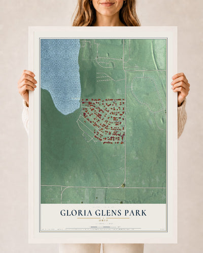 Map of Gloria Glens Park, Ohio, 24 x 36 inch print in a white wood frame
