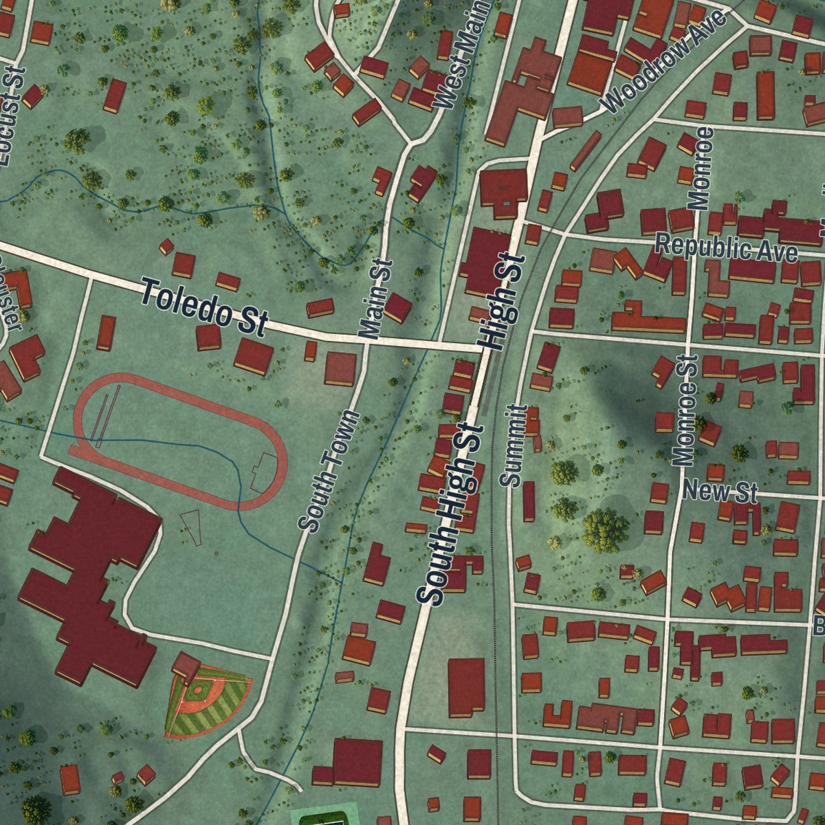 Close-up of the map of Glouster, Ohio print showing street and building detail