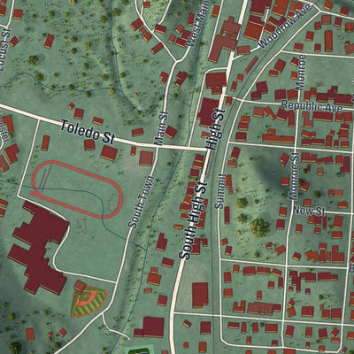 Close-up of the map of Glouster, Ohio print showing street and building detail