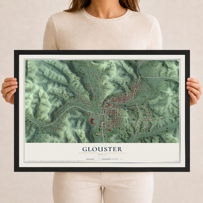 Map of Glouster, Ohio, 12 x 18 inch print in a black wood frame