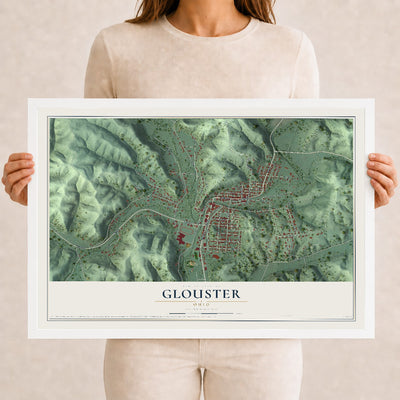 Map of Glouster, Ohio, 12 x 18 inch print in a white wood frame