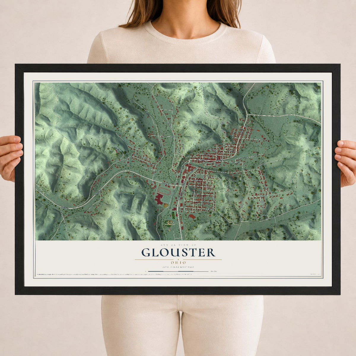Map of Glouster, Ohio, 18 x 24 inch print in a black wood frame