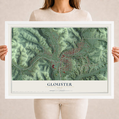 Map of Glouster, Ohio, 18 x 24 inch print in a white wood frame