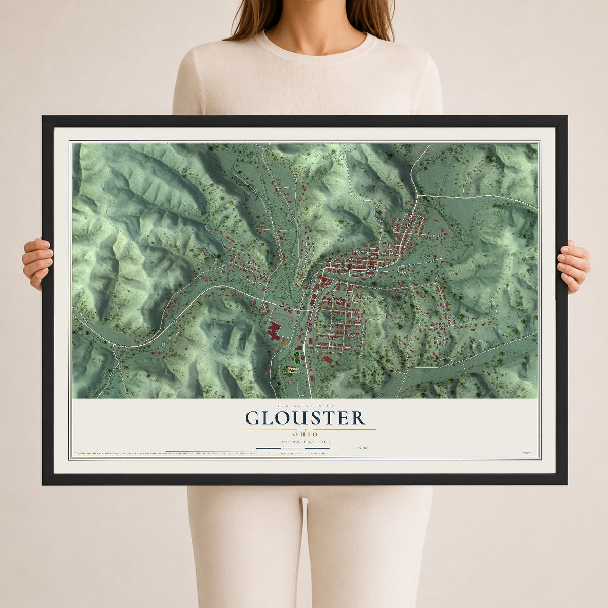 Map of Glouster, Ohio, 24 x 36 inch print in a black wood frame
