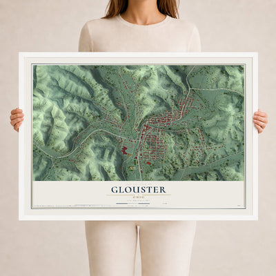 Map of Glouster, Ohio, 24 x 36 inch print in a white wood frame
