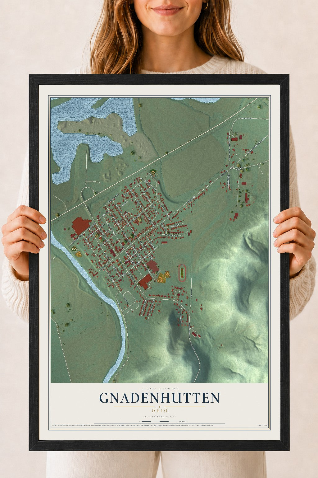 Map of Gnadenhutten, Ohio, 18 x 24 inch print in a black wood frame