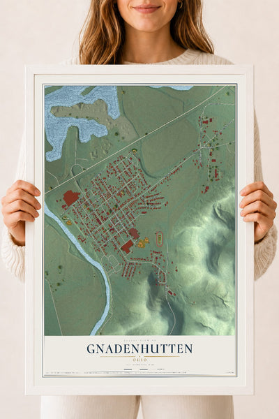 Map of Gnadenhutten, Ohio, 18 x 24 inch print in a white wood frame