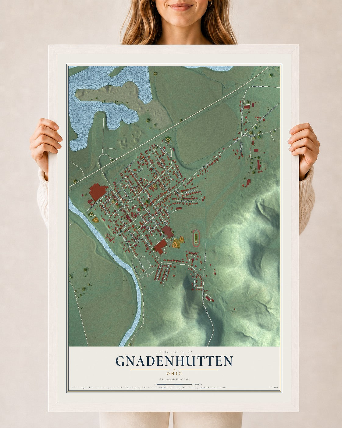 Map of Gnadenhutten, Ohio, 24 x 36 inch print in a white wood frame