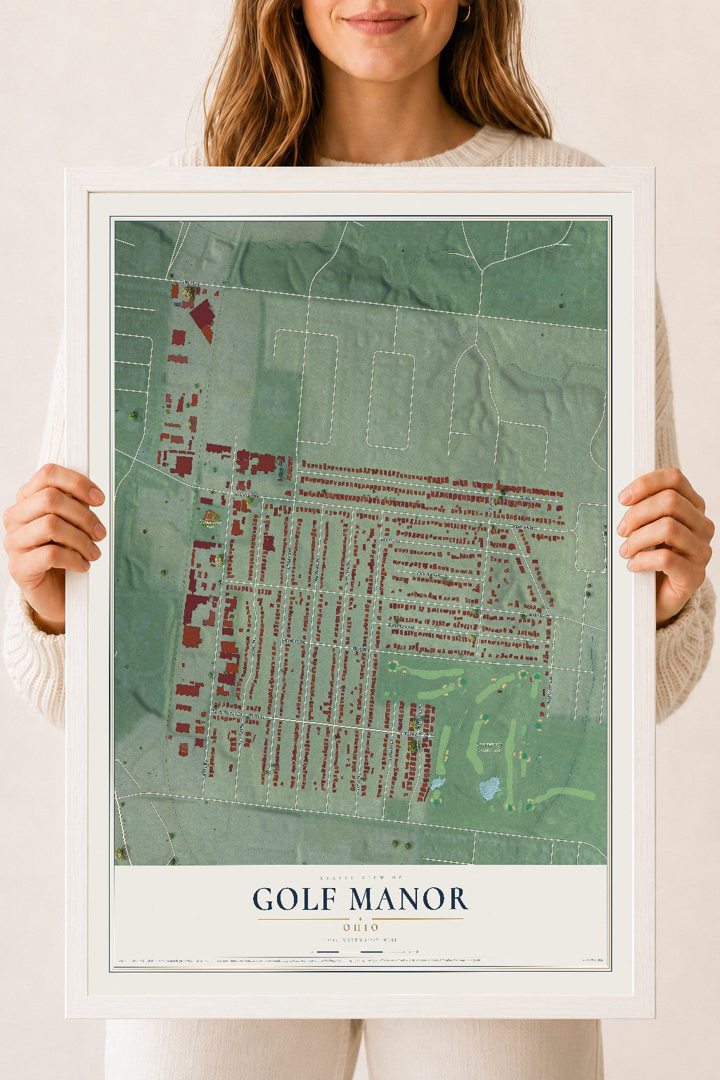 Map of Golf Manor, Ohio, 18 x 24 inch print in a white wood frame