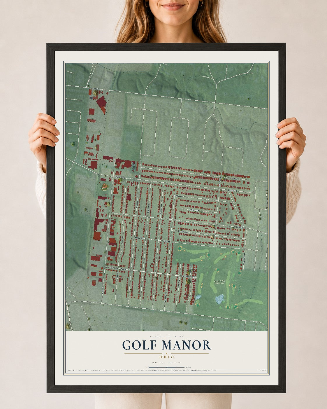 Map of Golf Manor, Ohio, 24 x 36 inch print in a black wood frame