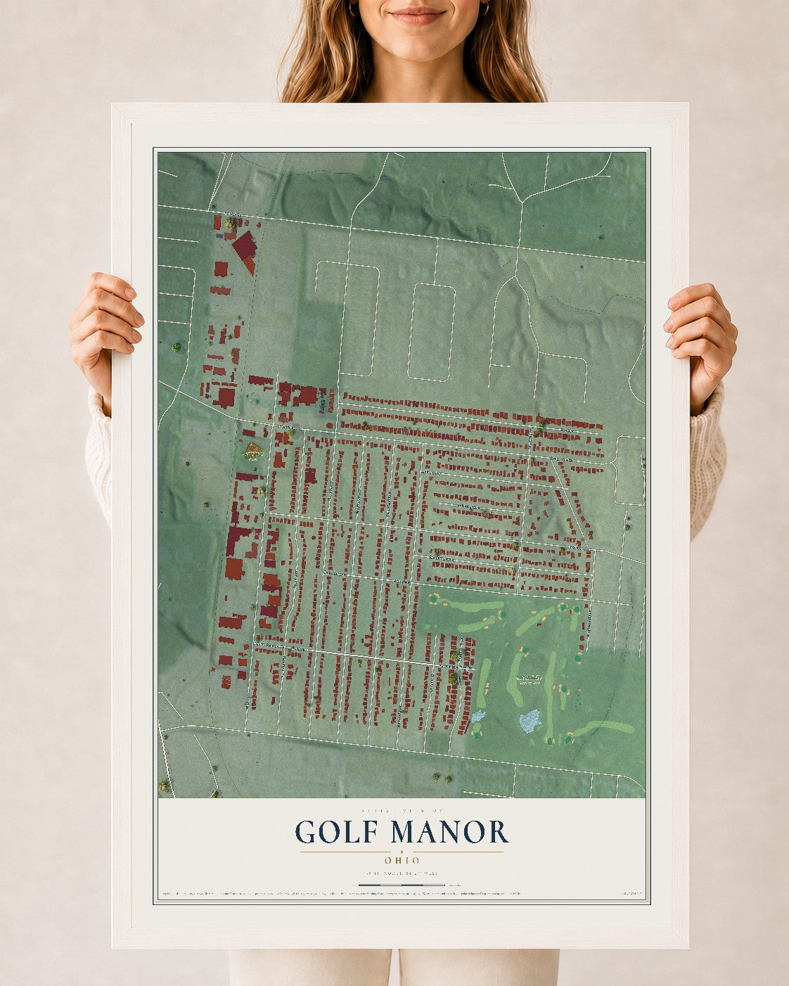 Map of Golf Manor, Ohio, 24 x 36 inch print in a white wood frame