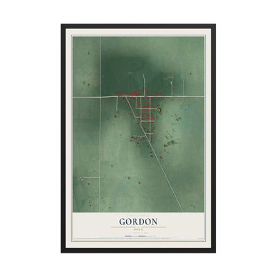 Map of Gordon, Ohio, 12 x 18 inch print in a black wood frame