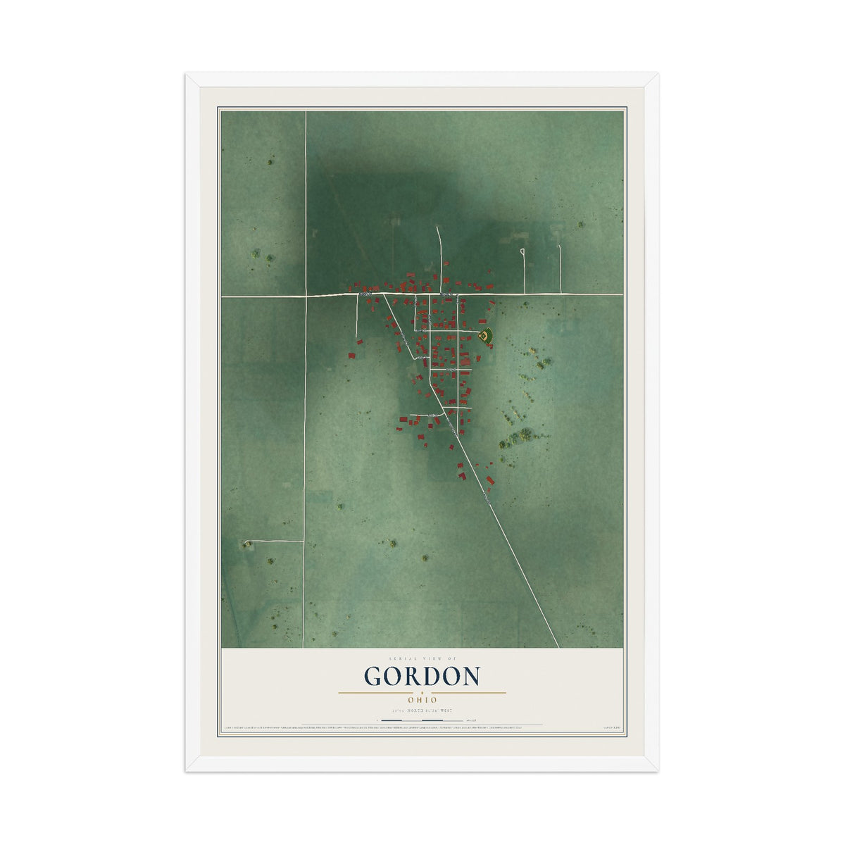 Map of Gordon, Ohio, 12 x 18 inch print in a white wood frame