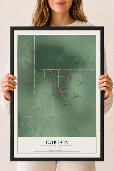 Map of Gordon, Ohio, 18 x 24 inch print in a black wood frame