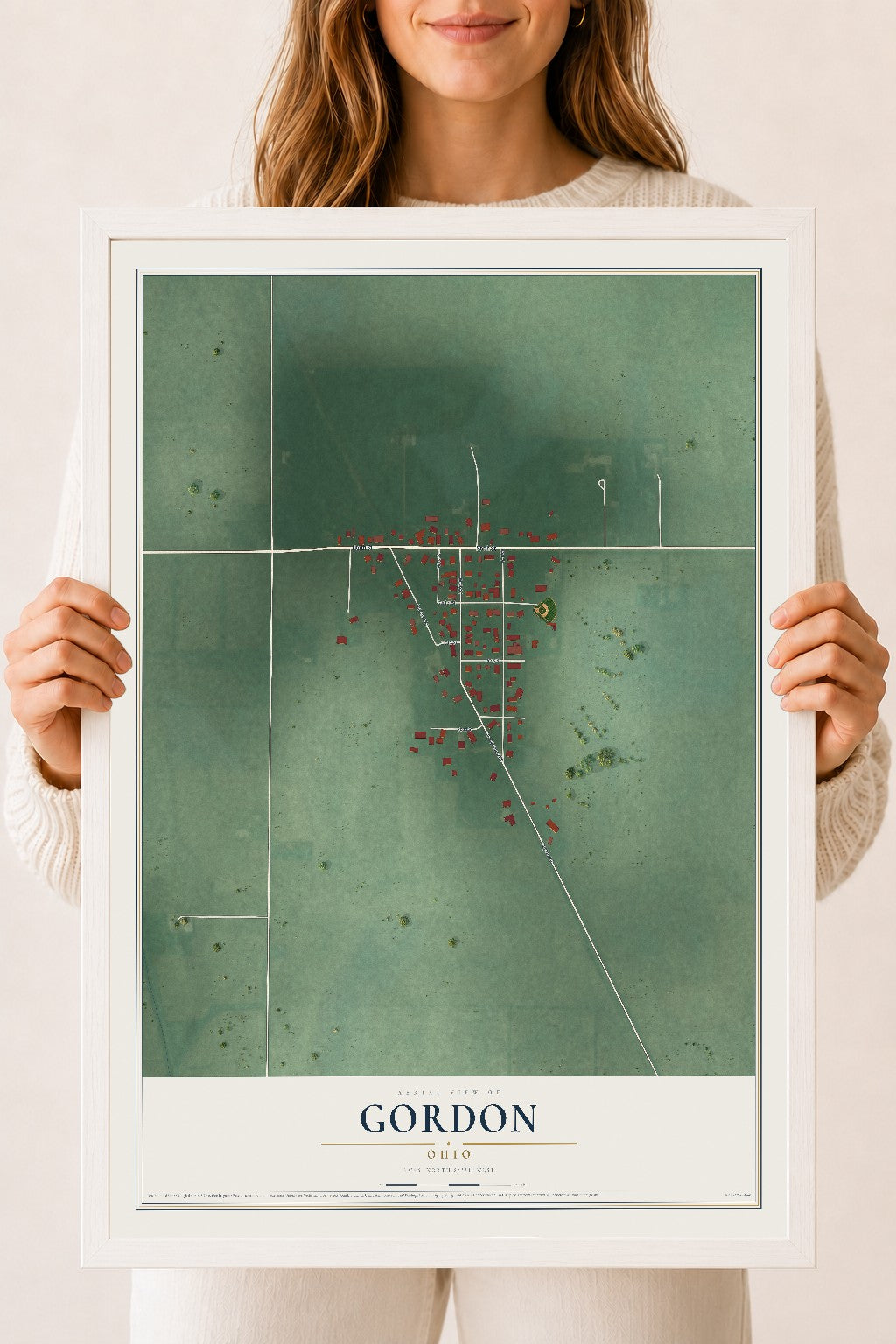 Map of Gordon, Ohio, 18 x 24 inch print in a white wood frame
