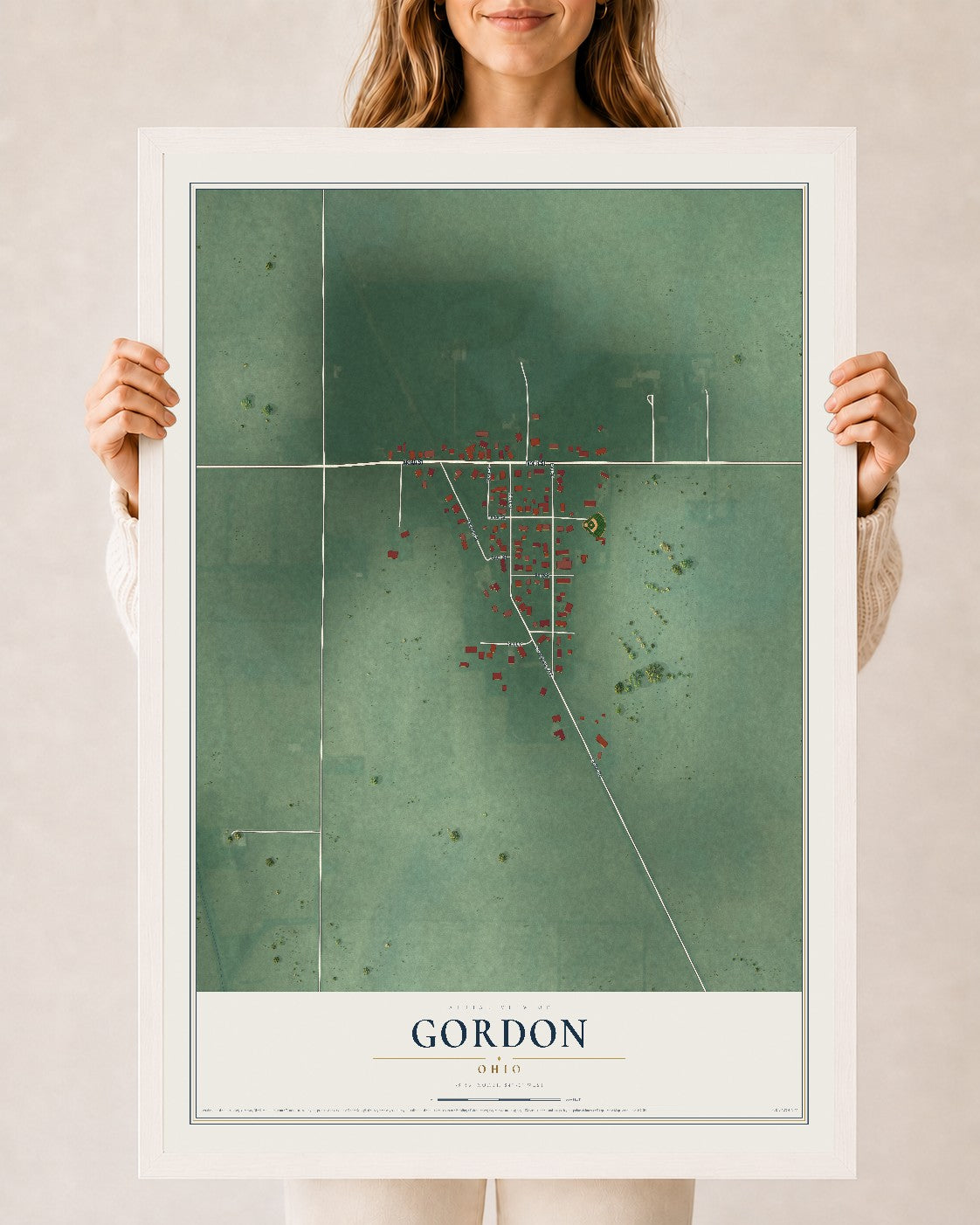 Map of Gordon, Ohio, 24 x 36 inch print in a white wood frame