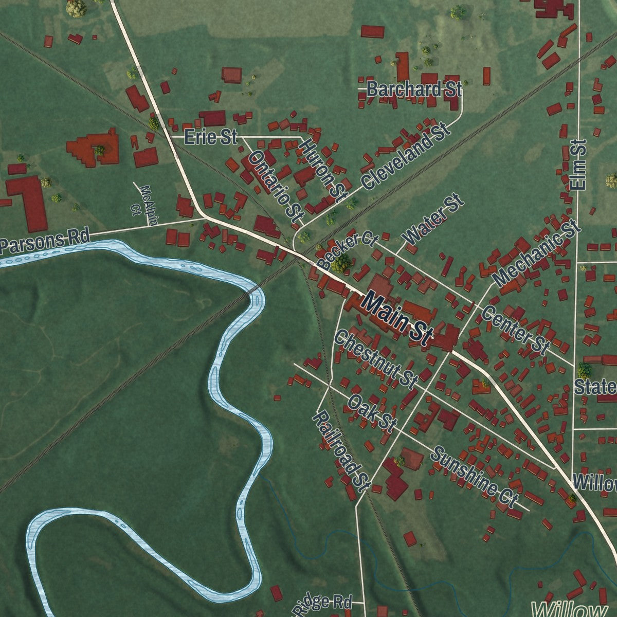 Close-up of the map of Grafton, Ohio print showing street and building detail