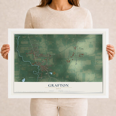 Map of Grafton, Ohio, 12 x 18 inch print in a white wood frame