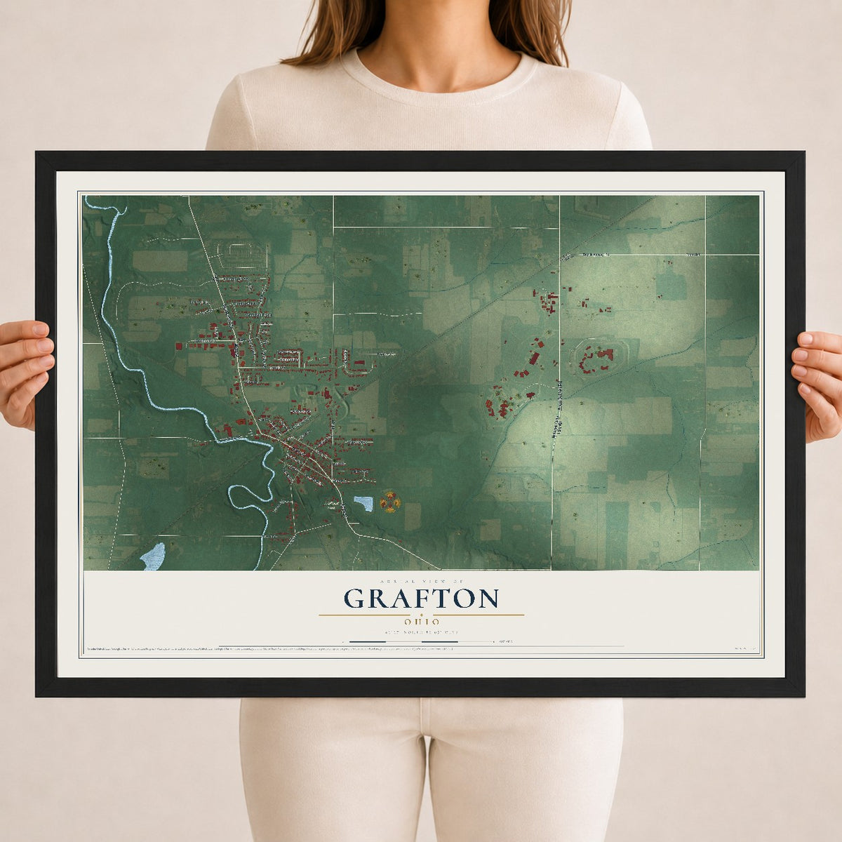 Map of Grafton, Ohio, 18 x 24 inch print in a black wood frame