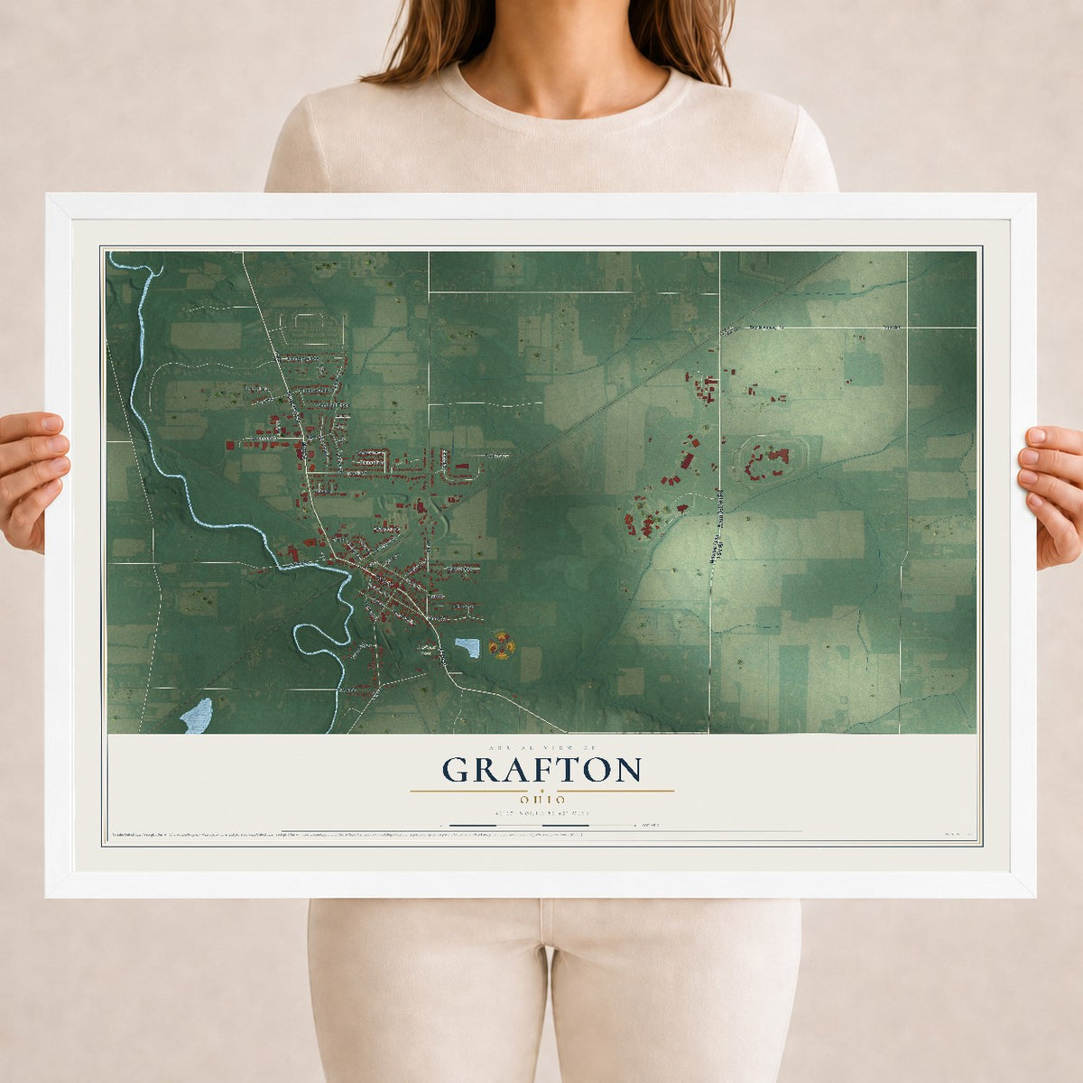 Map of Grafton, Ohio, 18 x 24 inch print in a white wood frame