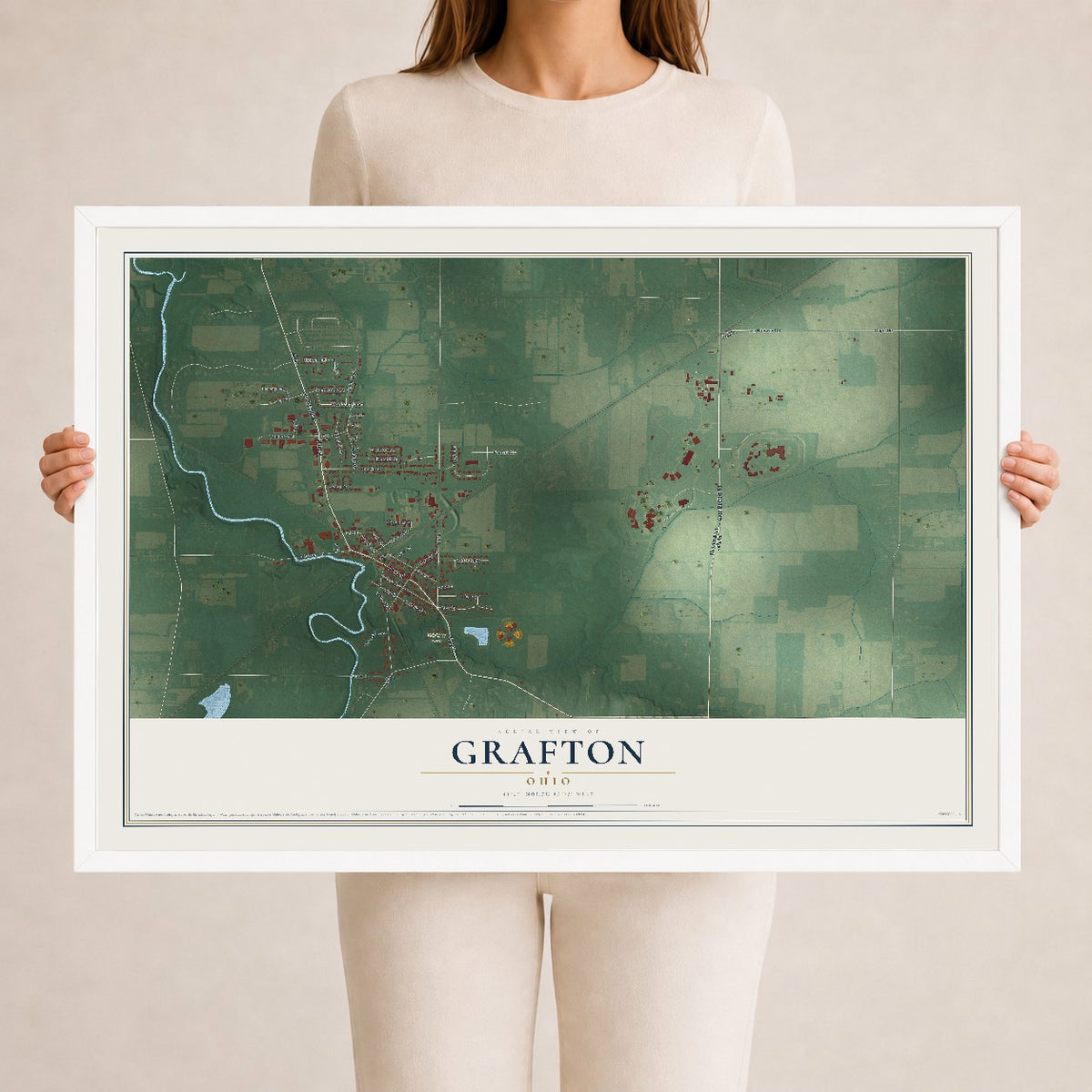 Map of Grafton, Ohio, 24 x 36 inch print in a white wood frame