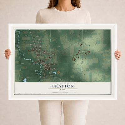 Map of Grafton, Ohio, 24 x 36 inch print in a white wood frame