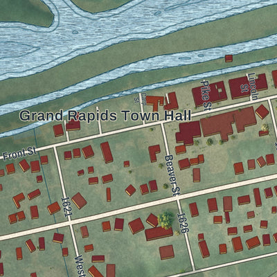 Close-up of the map of Grand Rapids, Ohio print showing street and building detail