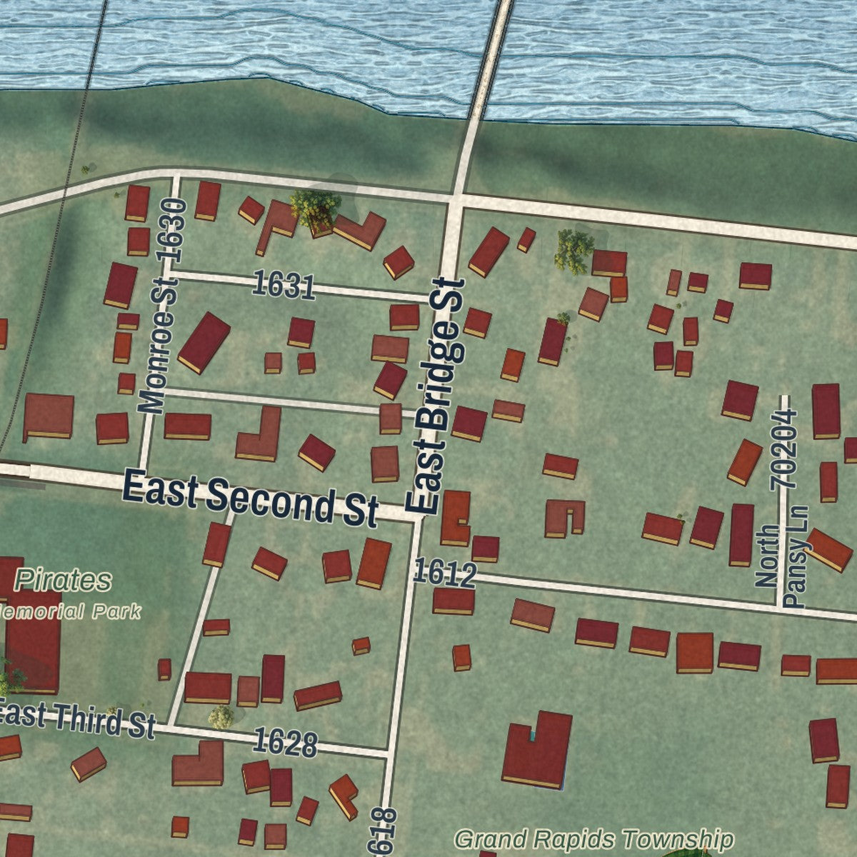 Second close-up of the map of Grand Rapids, Ohio print showing more streets and buildings