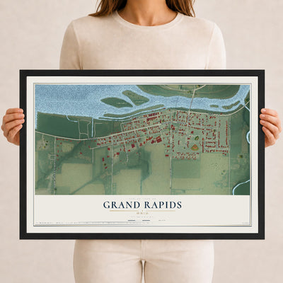 Map of Grand Rapids, Ohio, 12 x 18 inch print in a black wood frame