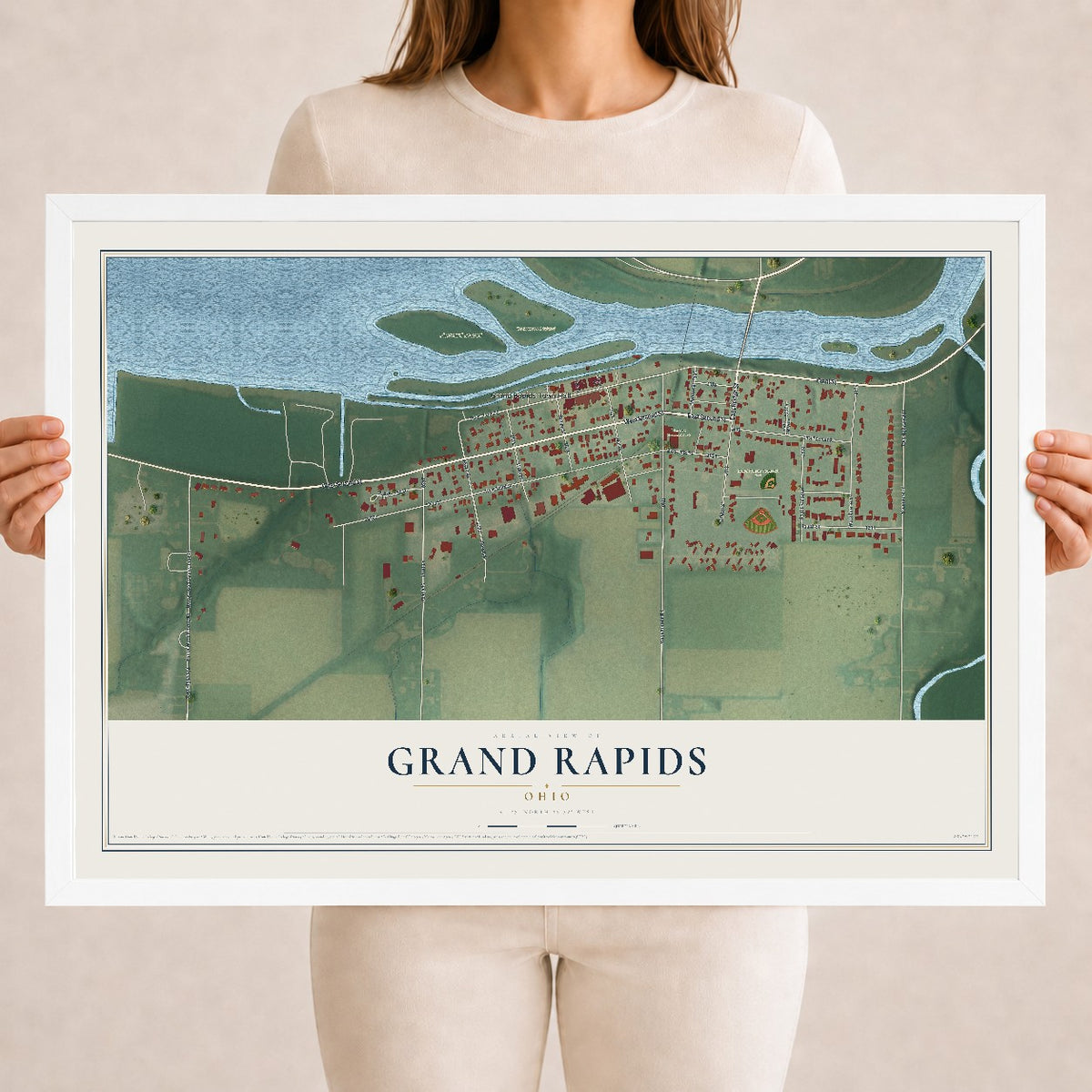 Map of Grand Rapids, Ohio, 18 x 24 inch print in a white wood frame