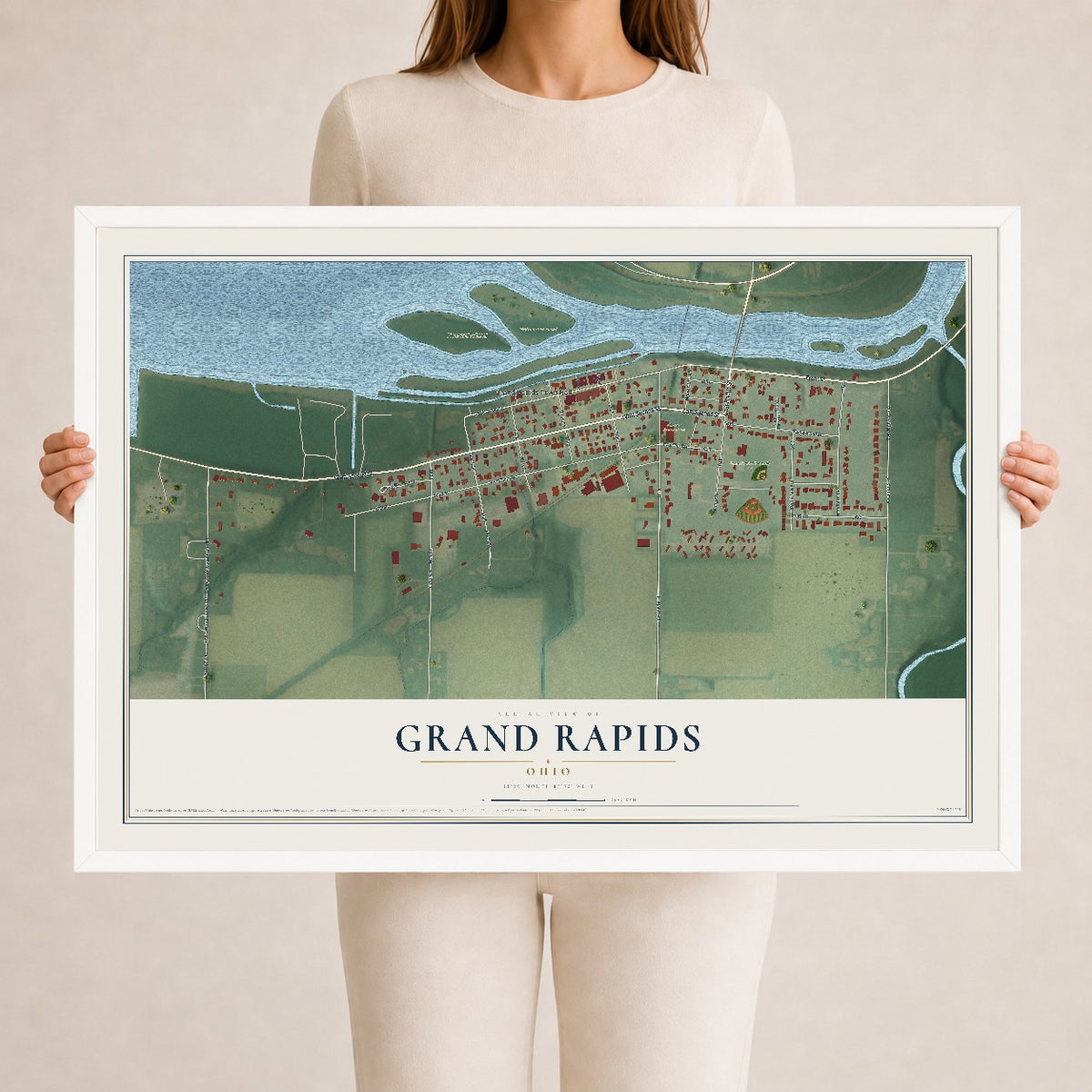 Map of Grand Rapids, Ohio, 24 x 36 inch print in a white wood frame