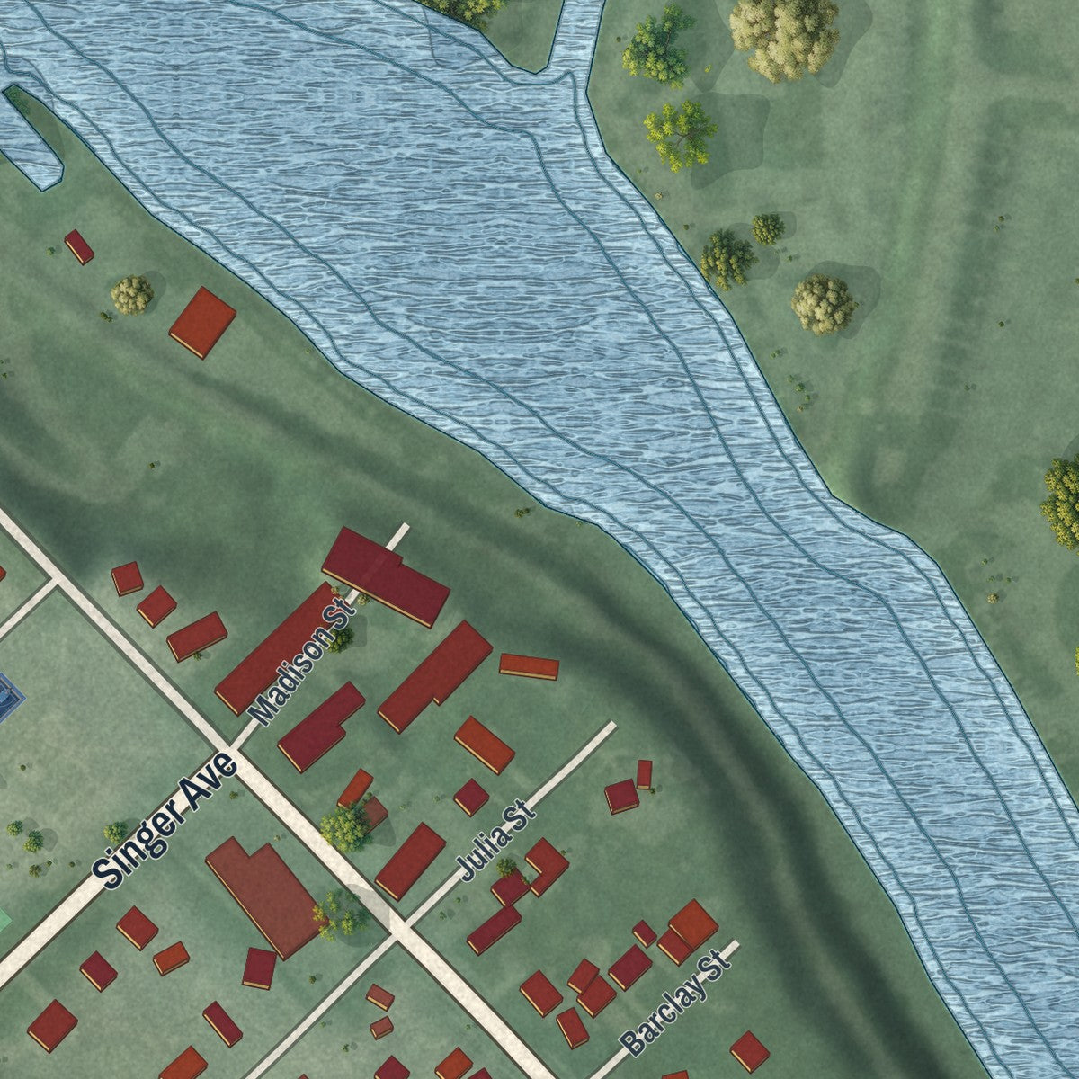 Close-up of the map of Grand River, Ohio print showing street and building detail
