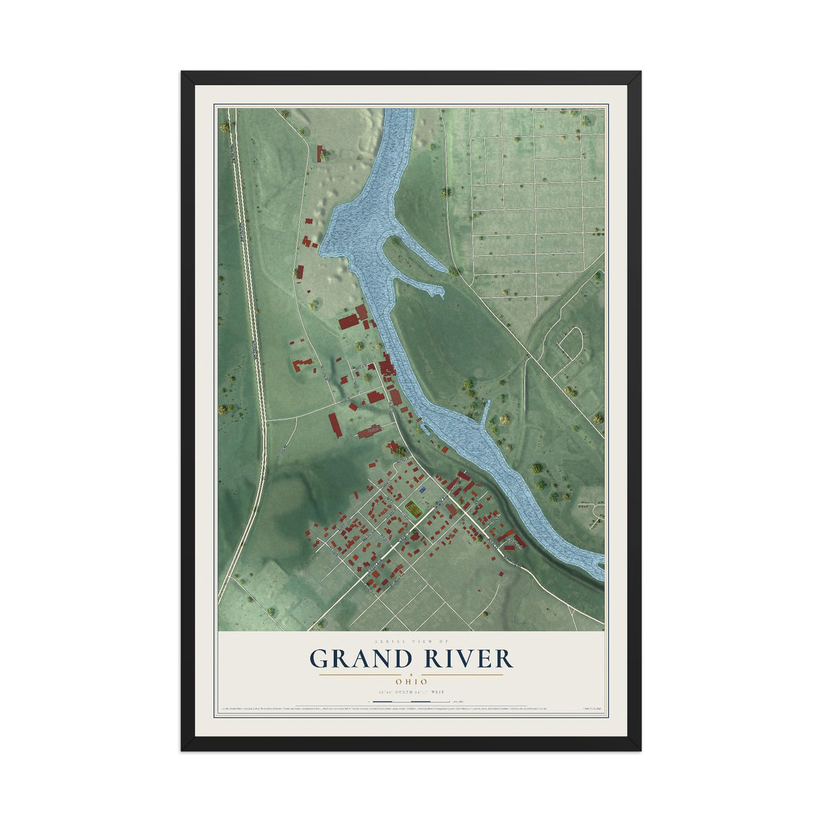 Map of Grand River, Ohio, 12 x 18 inch print in a black wood frame