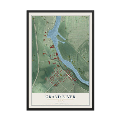 Map of Grand River, Ohio, 12 x 18 inch print in a black wood frame