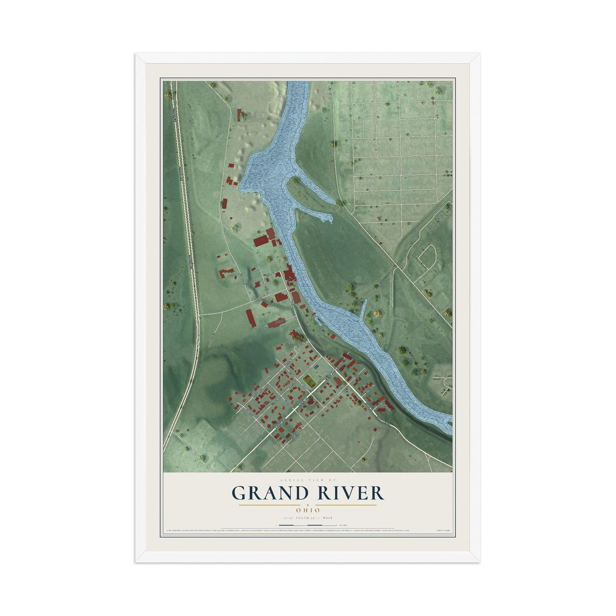 Map of Grand River, Ohio, 12 x 18 inch print in a white wood frame