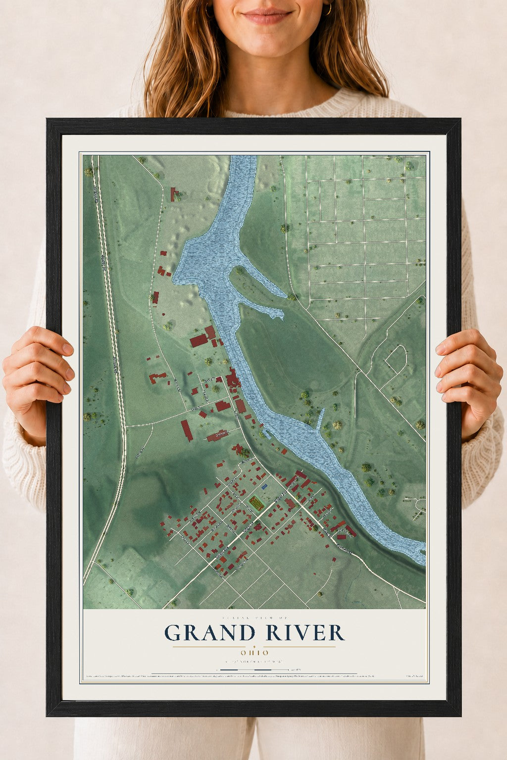 Map of Grand River, Ohio, 18 x 24 inch print in a black wood frame