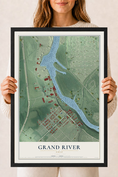 Map of Grand River, Ohio, 18 x 24 inch print in a black wood frame