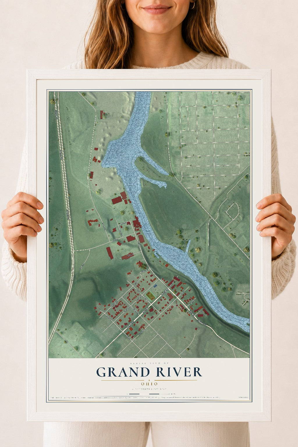 Map of Grand River, Ohio, 18 x 24 inch print in a white wood frame
